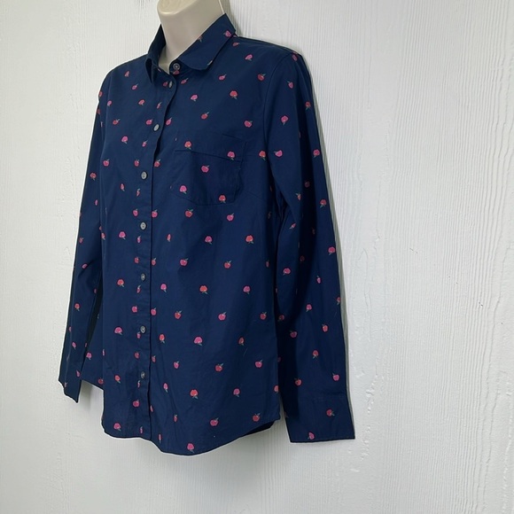J.Crew - Apple Print Navy Poplin Button Down Long Sleeve Blouse Size Small - Picture 6 of 10